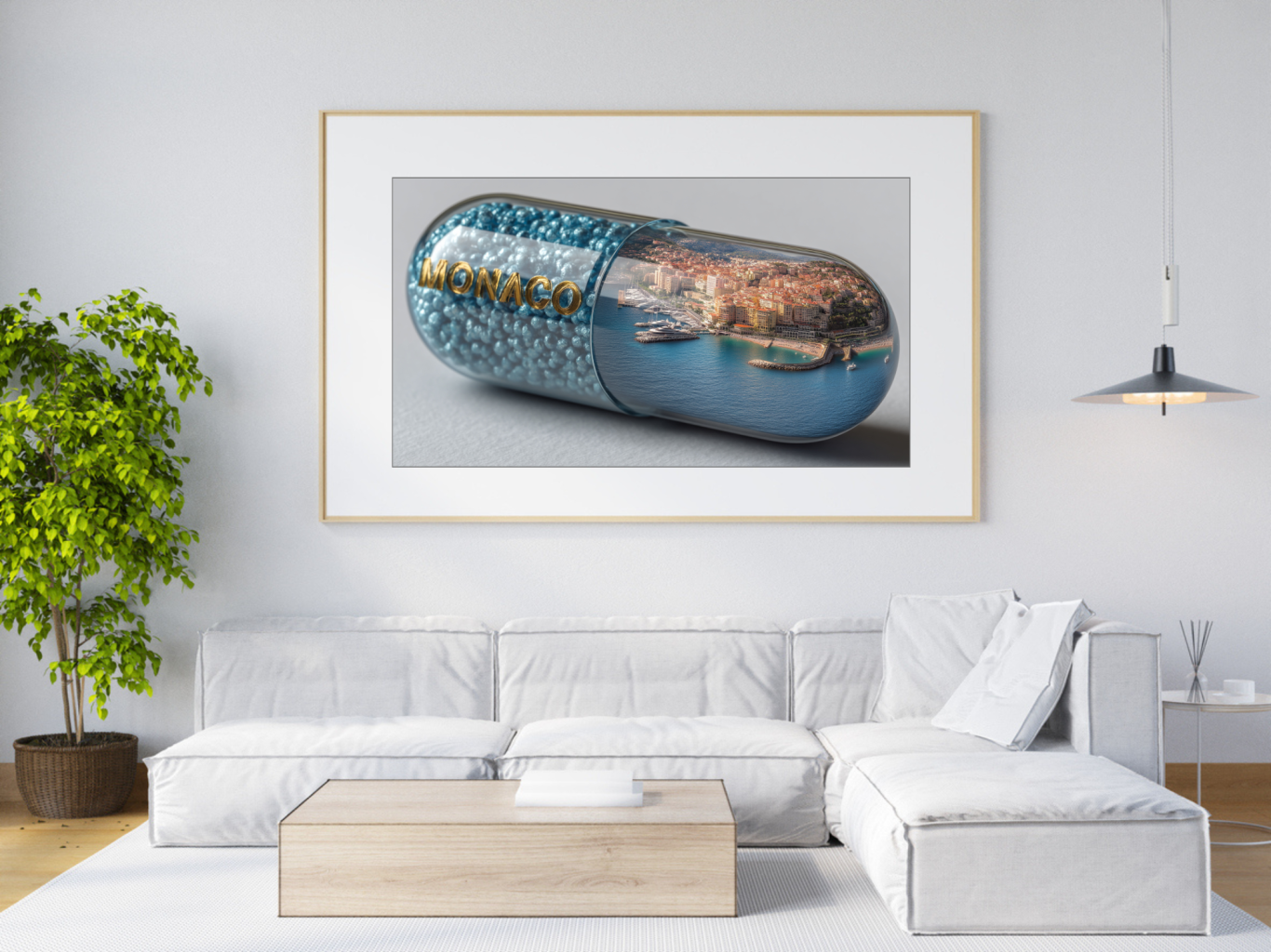 Beispiel eines Wandbilds KI-generiertes Kunstwerk als Wandbild - Dekoratives Bild eines Kapsels mit Landschaftsmotiv in modernem Wohnzimmer.